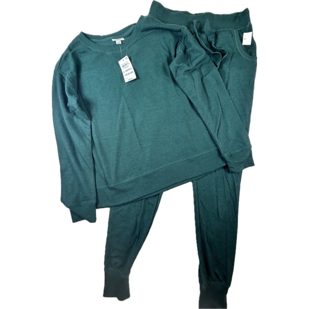 Jenni Intimates Women Teal Green Ribbed Waffle Knit Pajama Set XS 2-Piece Lounge